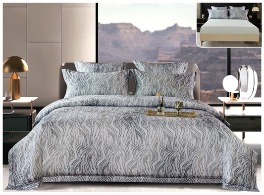 Lenjerie Premium Luxury, Pat Dublu, Satin Gros, 6 Piese cu Elastic, Zebra Style-A10275