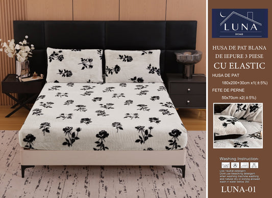 Husa Cocolino cu Elastic din Blanita Artificiala de Iepure, 180x200cm+2 Fete de Perna, Flori-L10144