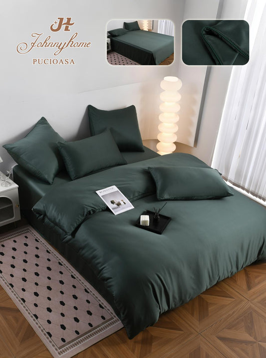 Lenjerie Luxury Pat Dublu, Tip Matase Satinata, 6 Piese, Verde Inchis-H9501