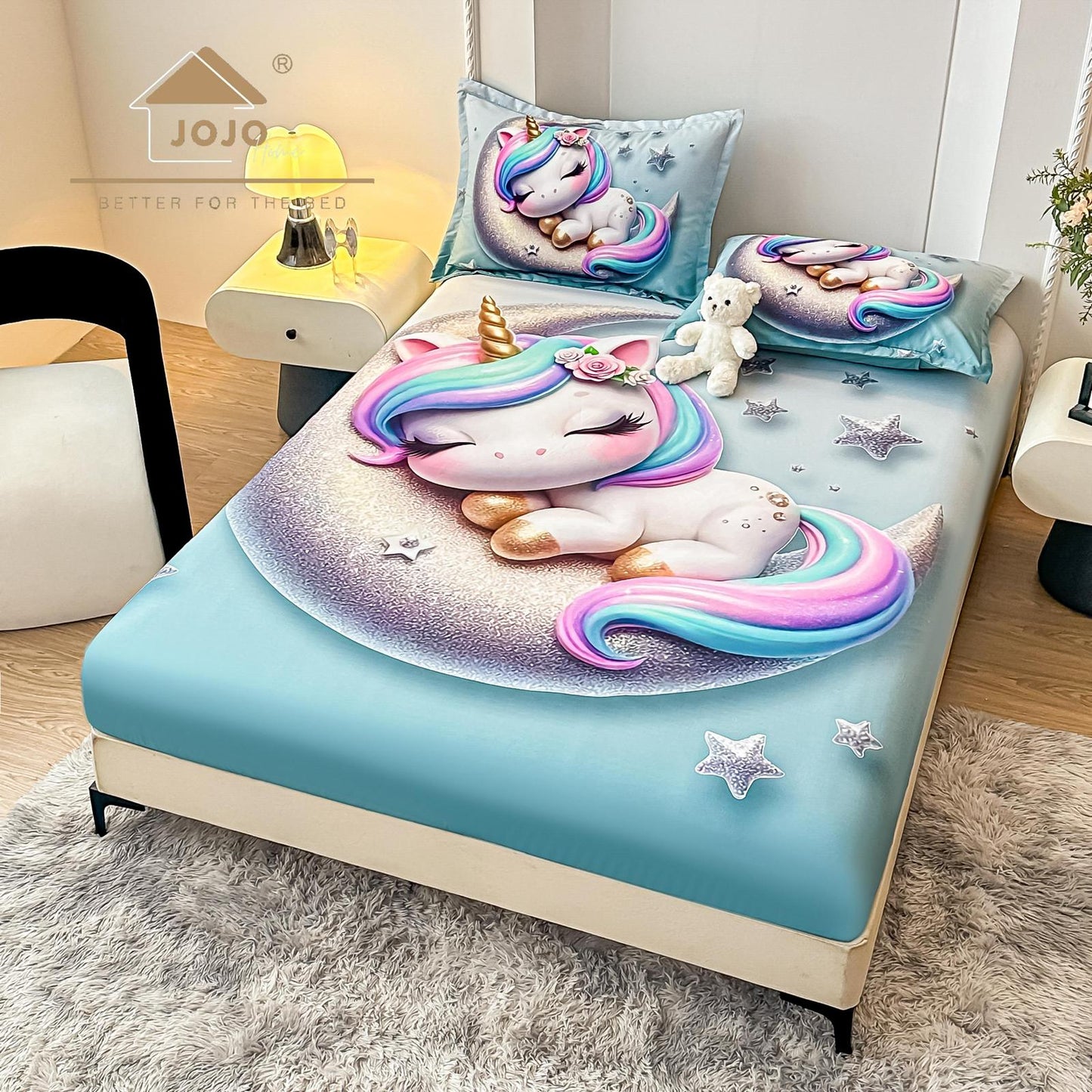 Husa de Pat cu Elastic, din Finet, 160x200cm+2 Fete de Perna, Imprimeu Digital, Unicorn-C10174