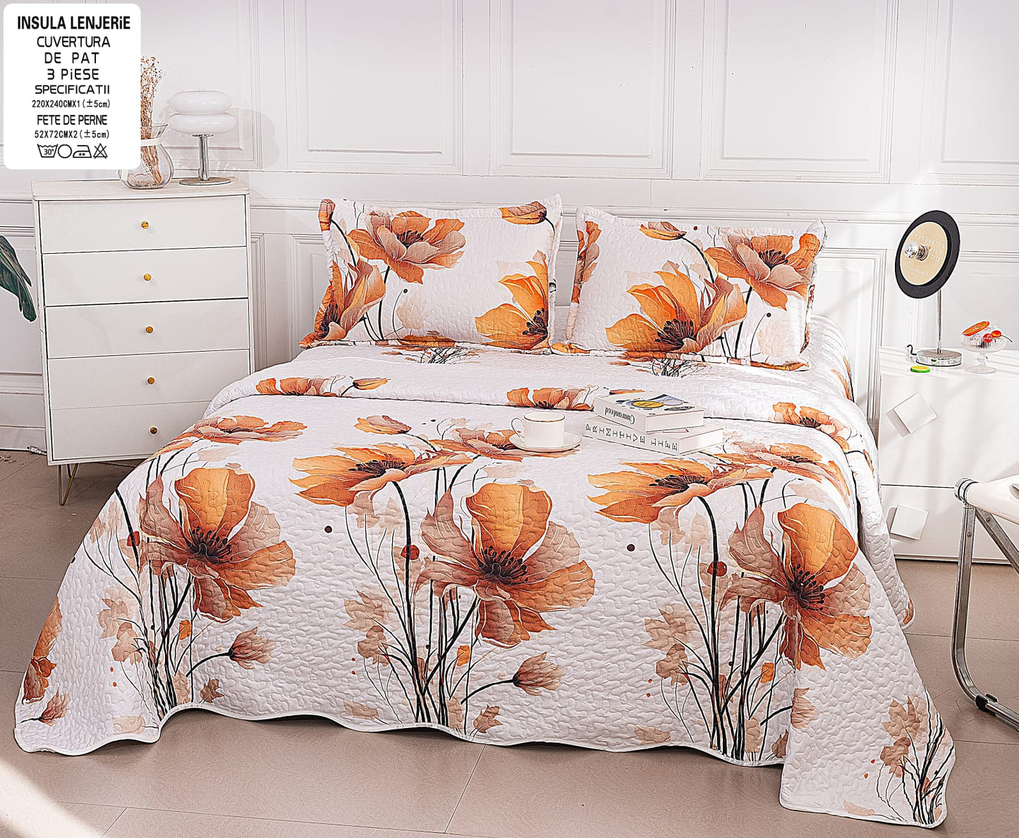 Cuvertura De Pat 3 Piese, din Bumbac Satinat, Floricele-A9858