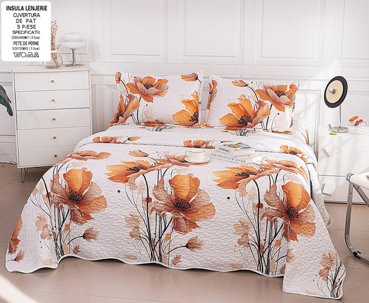 Cuvertura De Pat 3 Piese, din Bumbac Satinat, Floricele-A9858