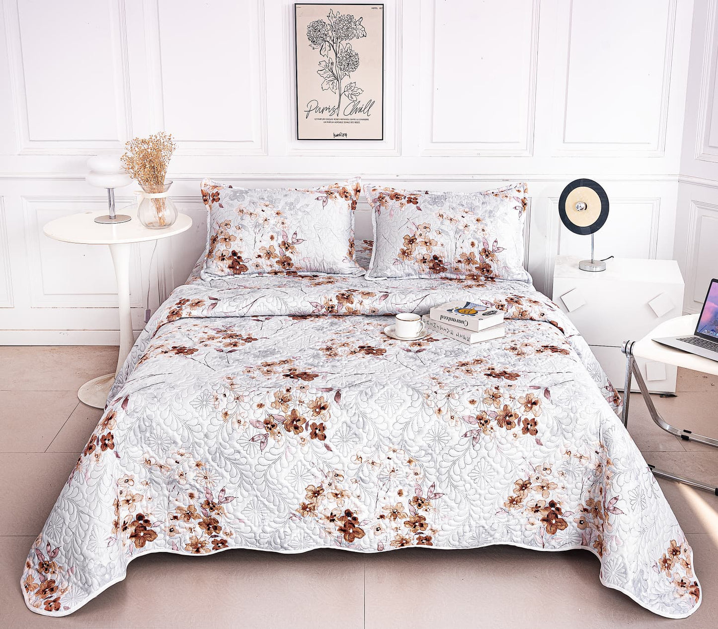 Cuvertura De Pat 3 Piese, din Bumbac Satinat, Floricele-A9860