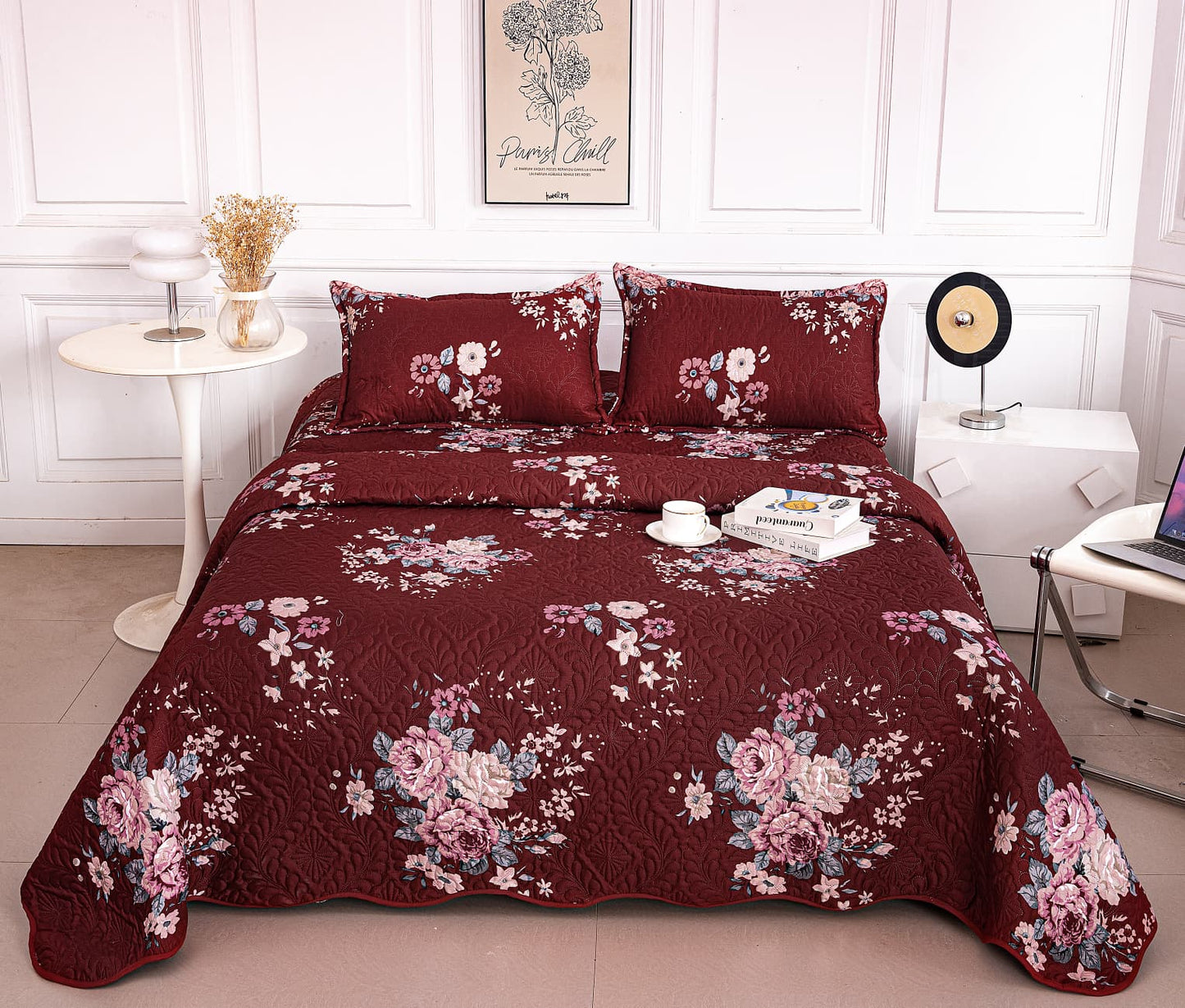 Cuvertura De Pat 3 Piese, din Bumbac Satinat, Floricele-A9859