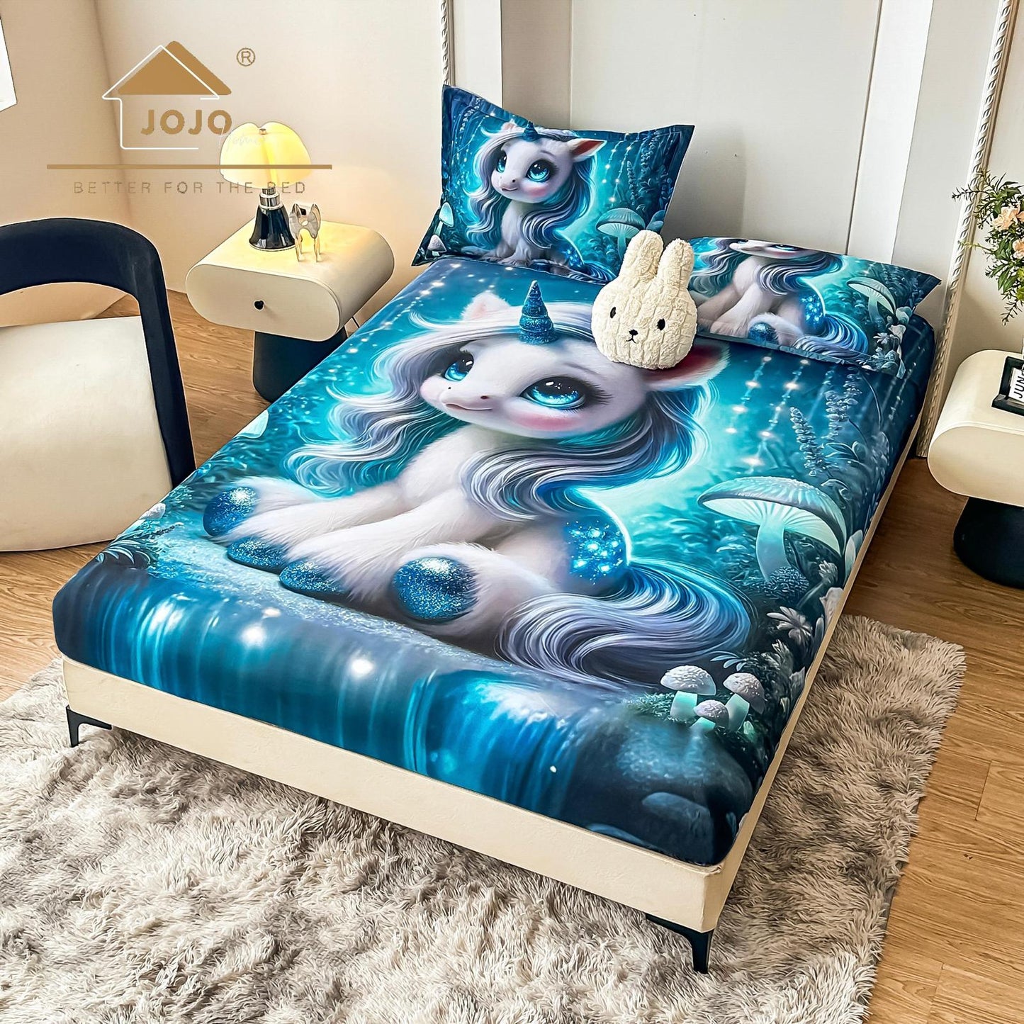 Husa de Pat cu Elastic, din Finet, 160x200cm+2 Fete de Perna, Imprimeu Digital, Unicorn-C10173