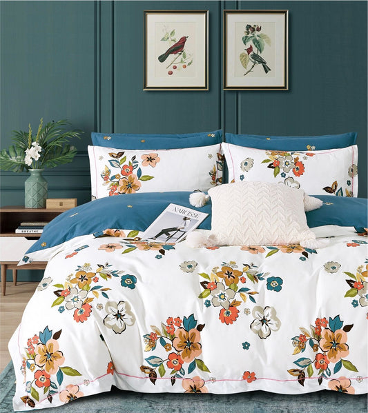 Lenjerie Bumbac 100%, 4 Piese, Pat Dublu, Floricele-V10074