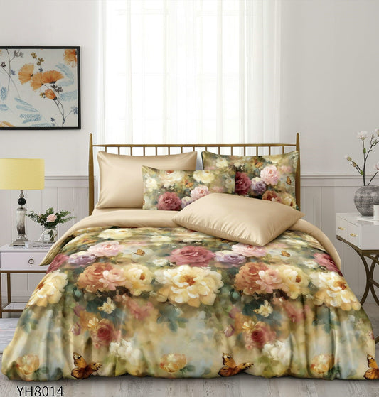 Lenjerie Pat Dublu din Satin, 4 Piese, cu Elastic, Floricele-P9934