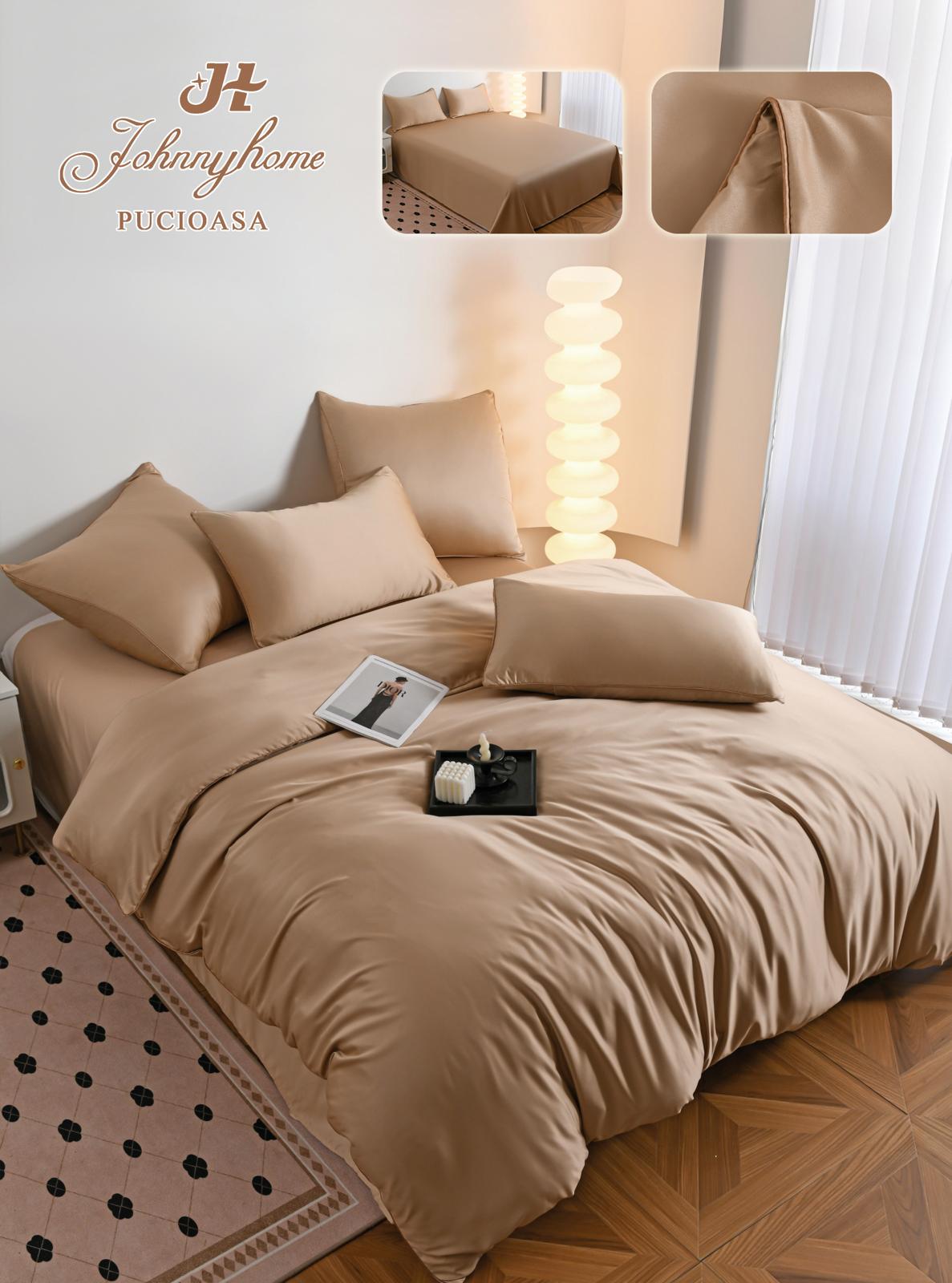 Lenjerie Luxury Pat Dublu, Tip Matase Satinata, 6 Piese, Bej-H9505