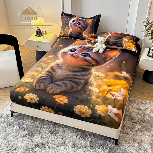 Husa de Pat cu Elastic, din Finet, 160x200cm+2 Fete de Perna, Imprimeu Digital, Pisicuta-C10175