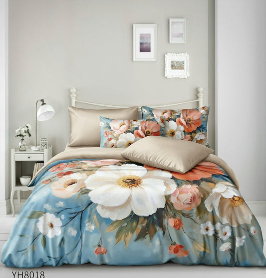 Lenjerie Pat Dublu din Satin, 4 Piese, cu Elastic, Floricele-P9935