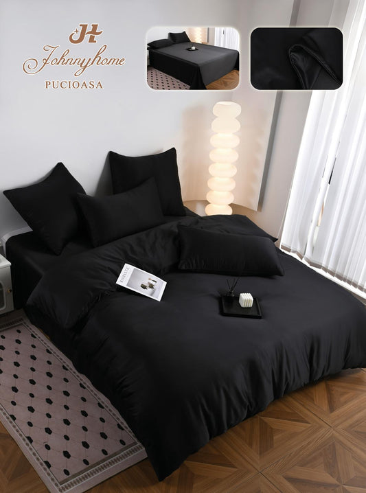 Lenjerie Luxury Pat Dublu, Tip Matase Satinata, 6 Piese, Negru Intens-H9504