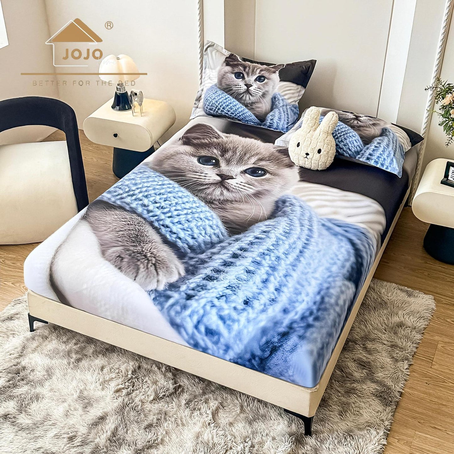 Husa de Pat cu Elastic, din Finet, 160x200cm+2 Fete de Perna, Imprimeu Digital, Pisicuta-C10176