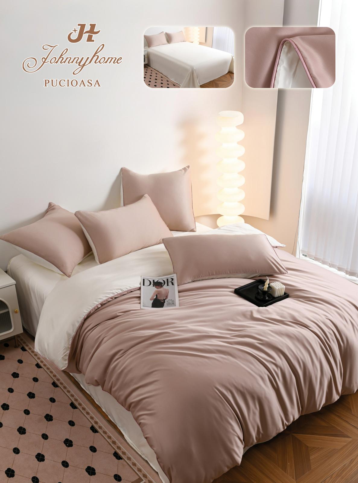 Lenjerie Luxury Pat Dublu, Tip Matase Satinata, 6 Piese, Roz/Crem-H9506