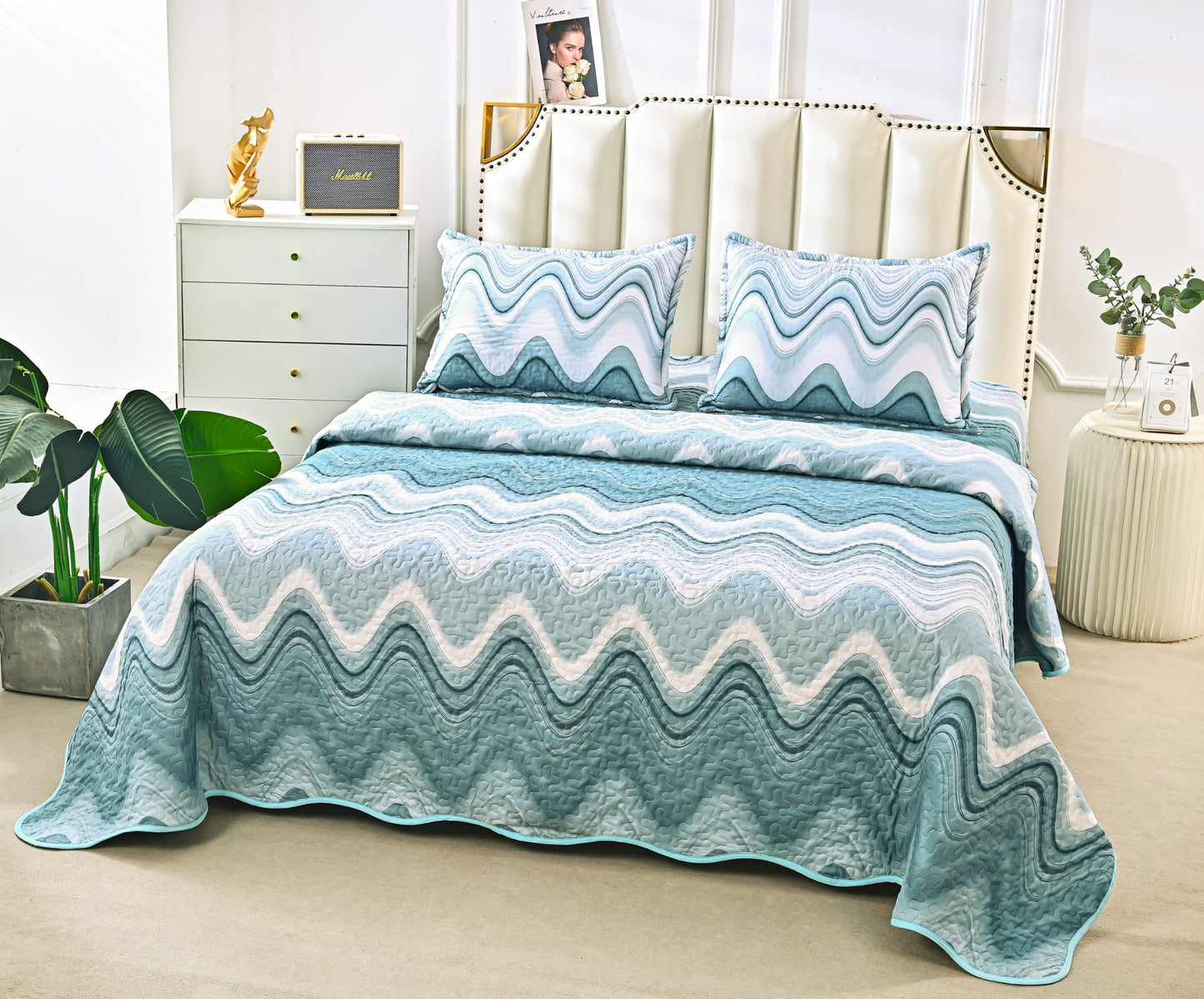 Cuvertura De Pat 3 Piese, din Bumbac Satinat, Valuri-A9863