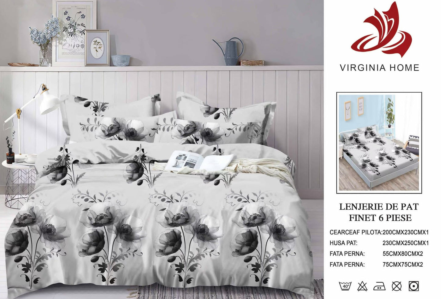 Lenjerie Pat Dublu din Finet, 6 Piese, cu Elastic, Gri/Flori-V8929