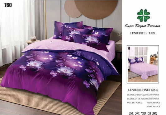 Lenjerie Pat Dublu din Finet, 6 Piese, Flori/Inimi-SEP9100