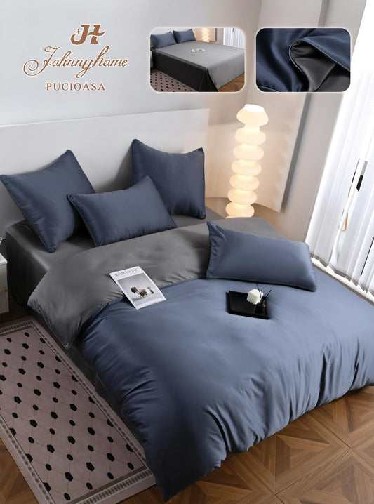 Lenjerie Luxury Pat Dublu, Tip Matase Satinata, 6 Piese, Bleumarin/Gri-H9503