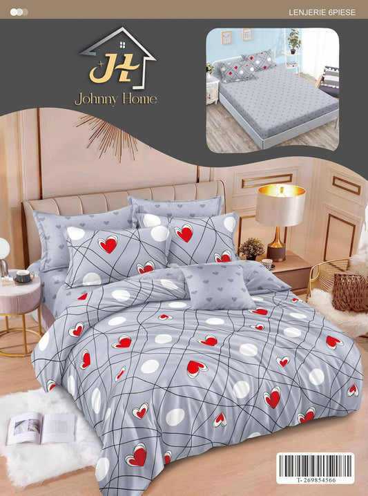 Lenjerie Pat Dublu din Finet, 6 Piese, cu Elastic, Inimioare-H11003