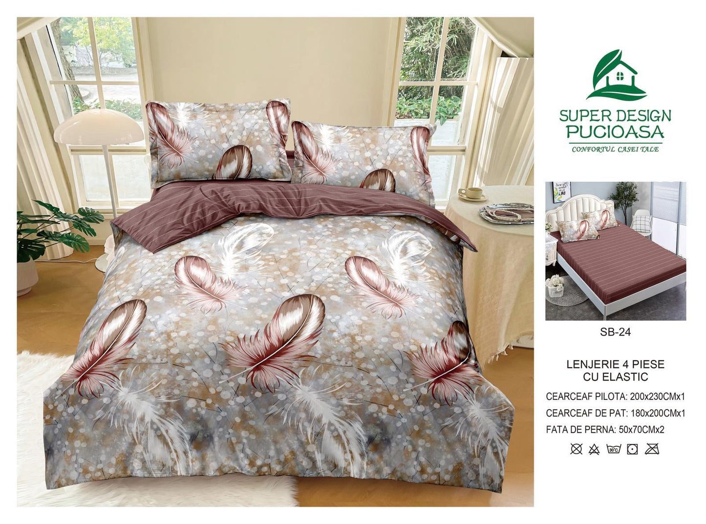 Lenjerie Pat Dublu cu Elastic din Bumbac Satinat Superior cu 4 Piese, Boho Feathers-V8739
