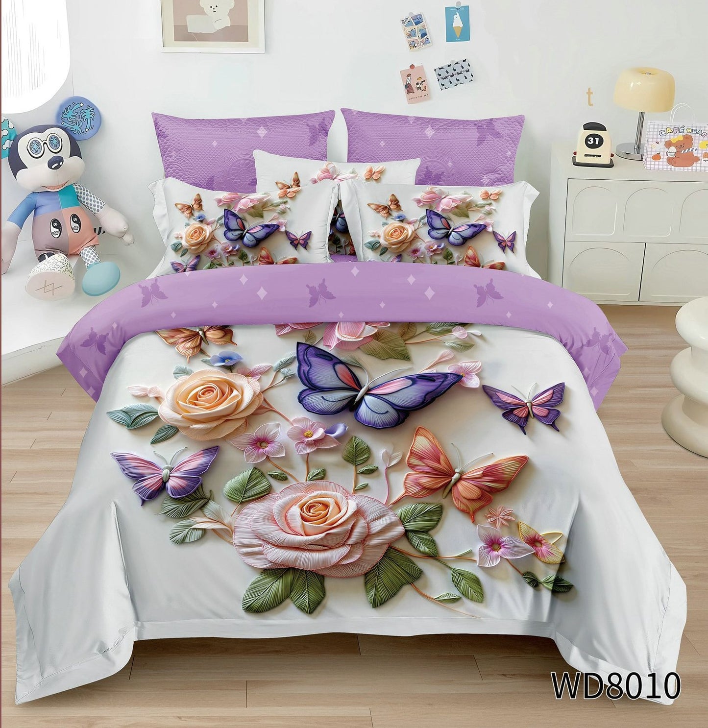 Lenjerie 5D Finet 4 Piese, cu Elastic, Imprimeu Identic cu Poza, Fluturi/Flori-P8984