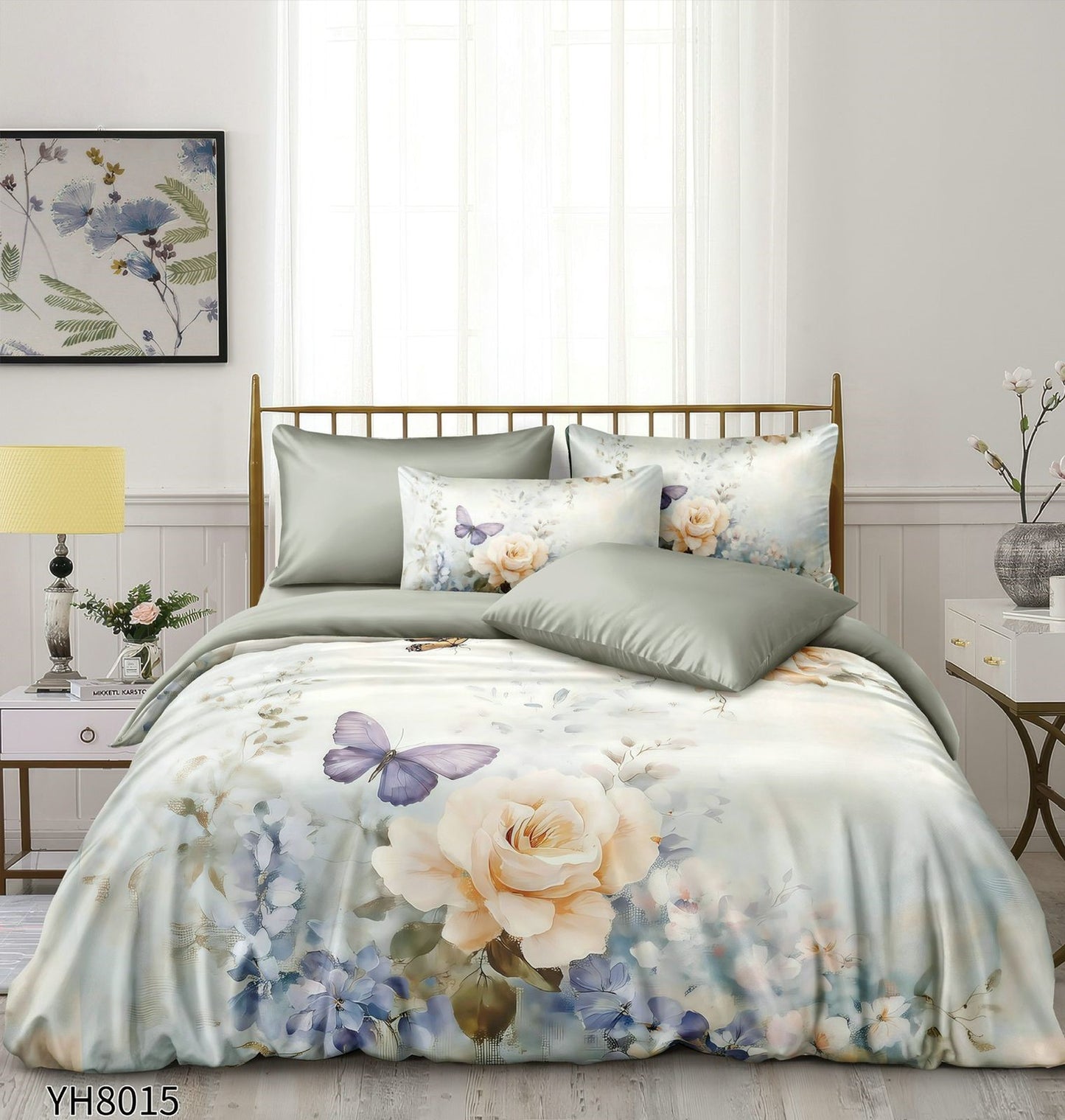 Lenjerie Pat Dublu din Satin, 4 Piese, cu Elastic, Floricele/Fluturi-P9936