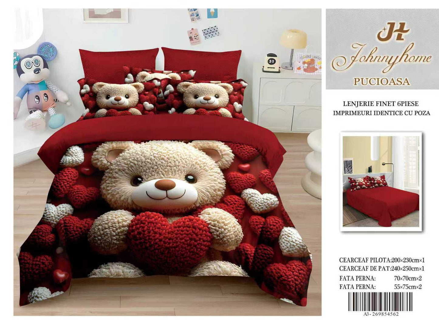 Lenjerie 5D Finet 6 Piese, Imprimeu Identic cu Poza, Ursulet-H9643