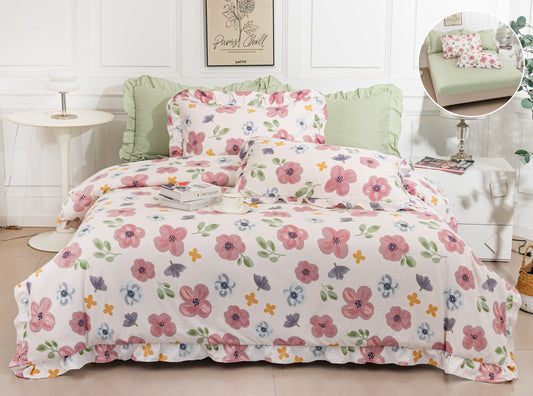 Lenjerie Bumbac Tip Finet, 6 Piese, cu Elastic si Volanas, Floricele-A10344