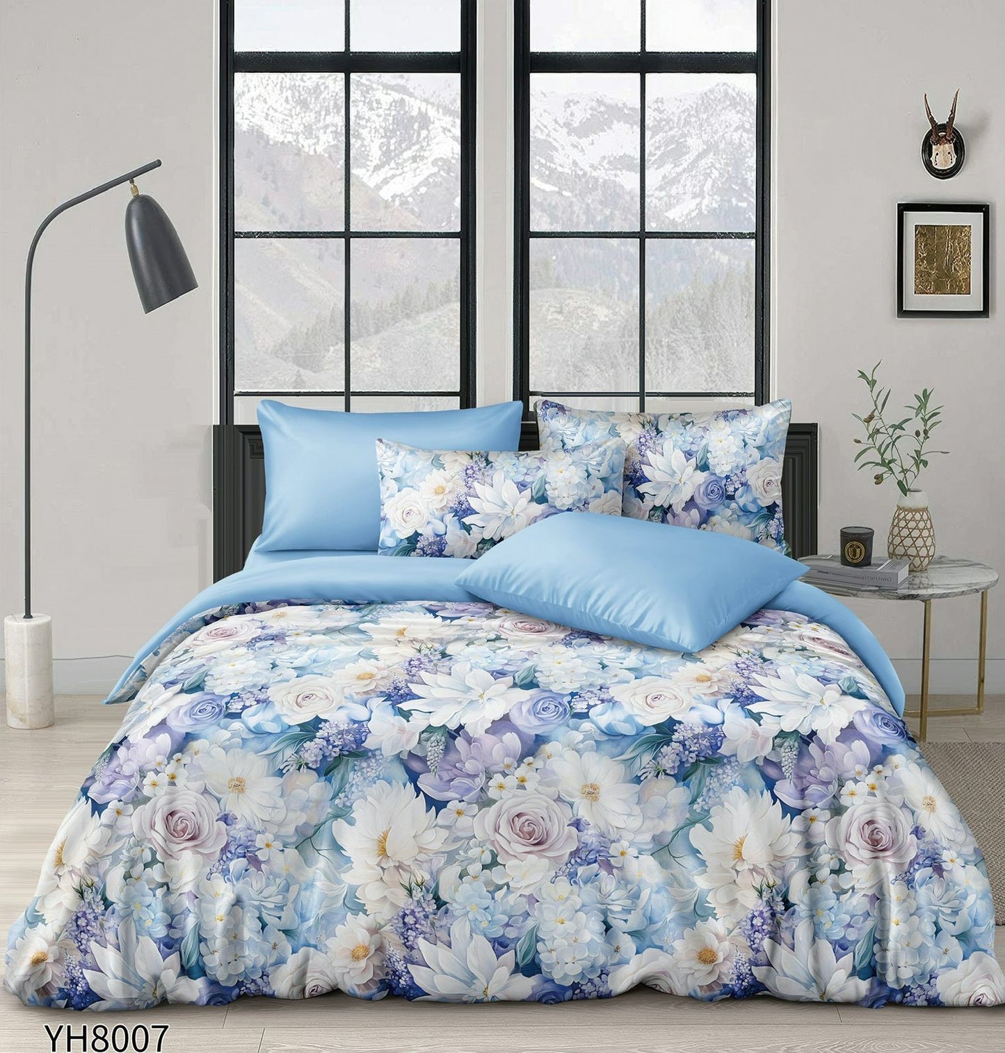 Lenjerie Pat Dublu din Satin, 4 Piese, cu Elastic, Floricele-P9937