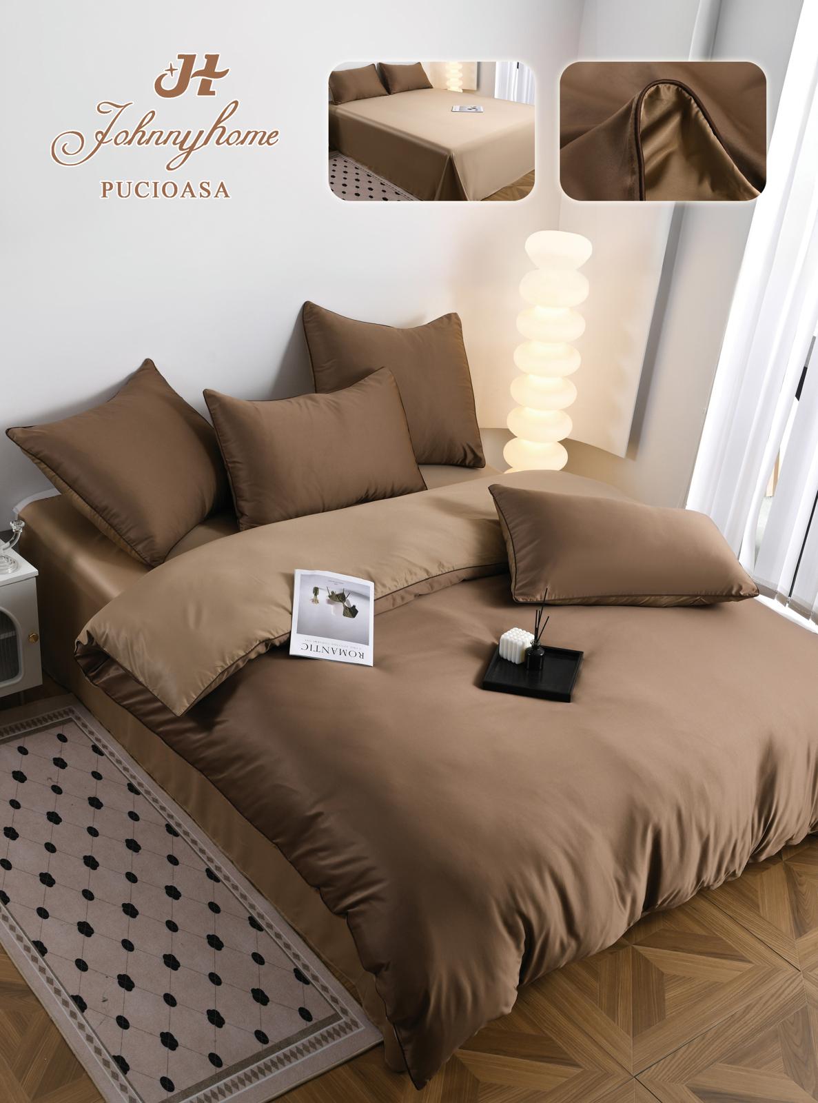 Lenjerie Luxury Pat Dublu, Tip Matase Satinata, 6 Piese, Maro/Bej-H9507