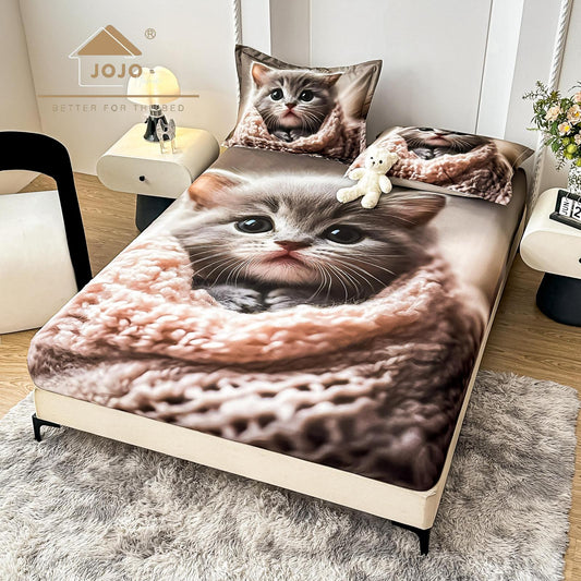 Husa de Pat cu Elastic, din Finet, 160x200cm+2 Fete de Perna, Imprimeu Digital, Pisicuta-C10177