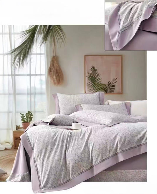 Lenjerie Luxury din Bumbac Satinat Premium, 4 Piese, Lila/Floricele-CF10806