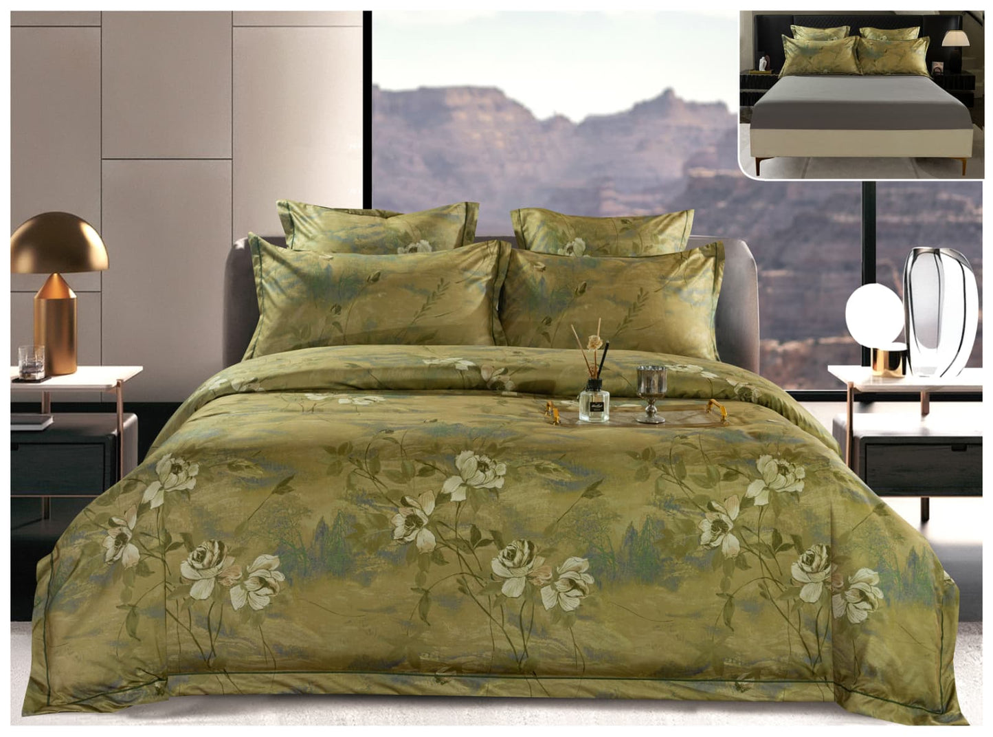 Lenjerie Premium Luxury, Pat Dublu, Satin Gros, 6 Piese cu Elastic, Floral Olive-A10277