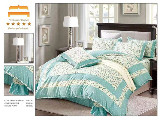 Lenjerie Bumbac Finet Premium 4 Piese cu Volanase, Floricele-M9580