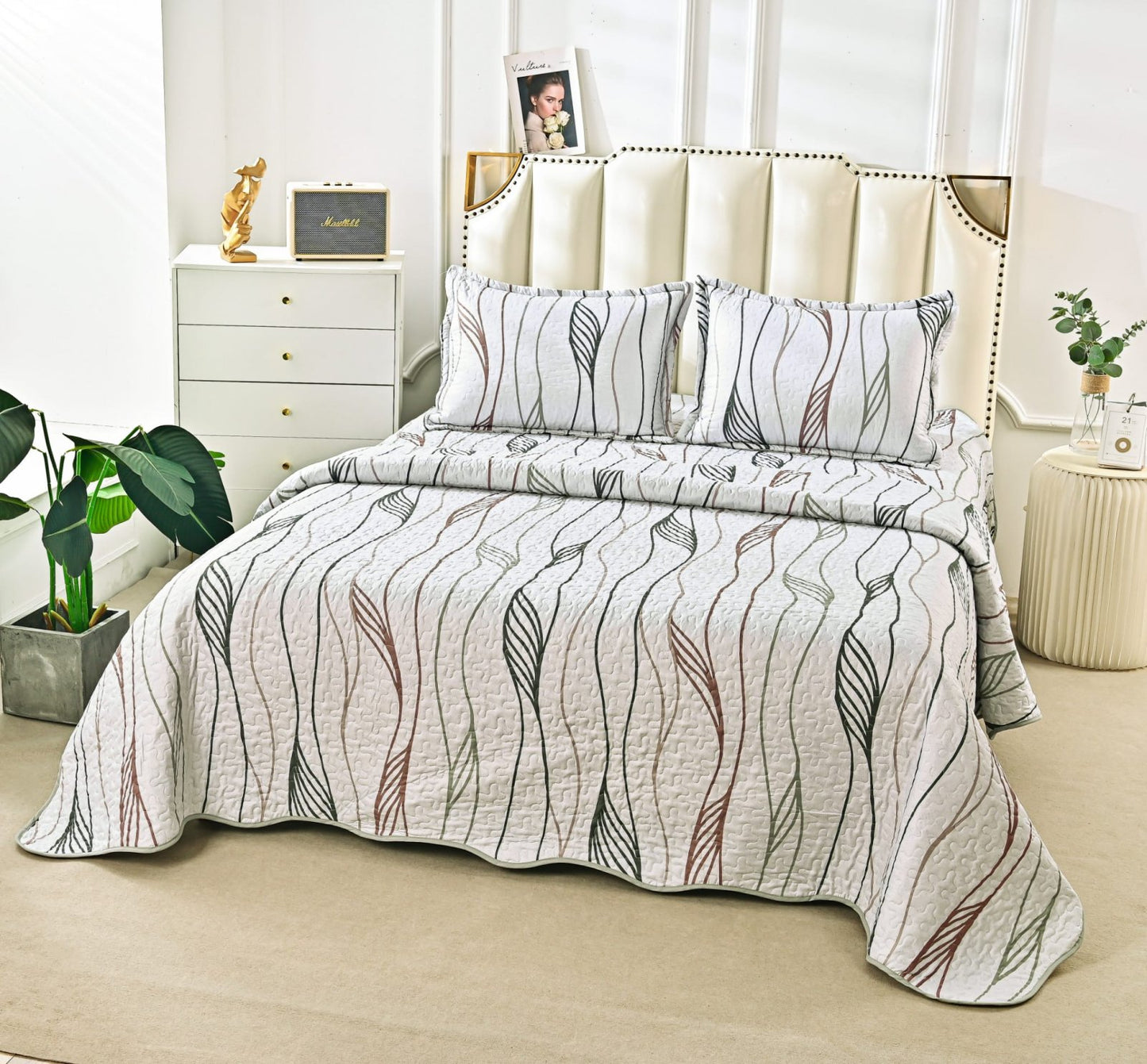 Cuvertura De Pat 3 Piese, din Bumbac Satinat, Imprimeu Abstract-A5916