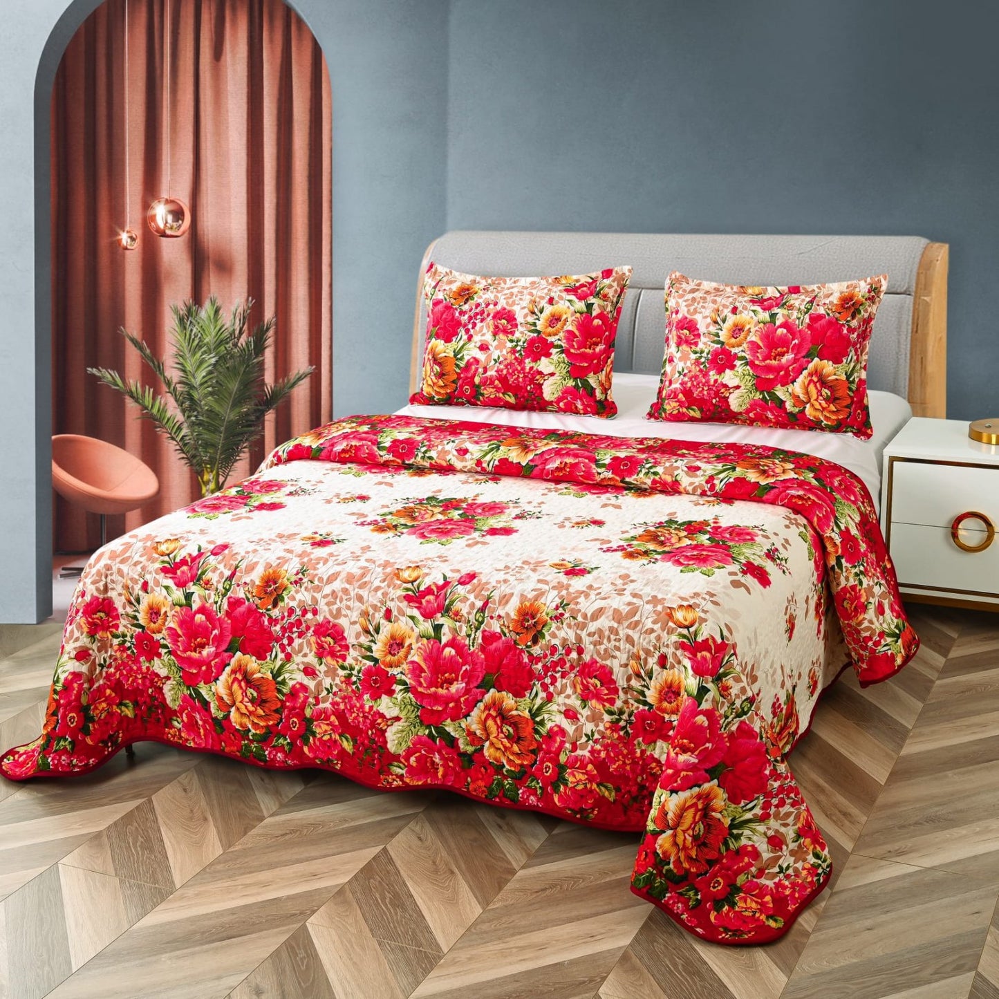 Cuvertura De Pat 3 Piese, din Bumbac Satinat, Rosu/Flori-A5927