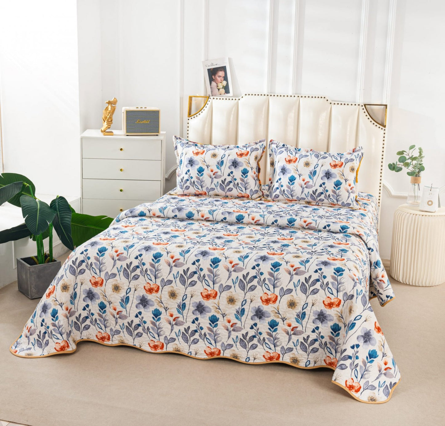 Cuvertura De Pat 3 Piese, din Bumbac Satinat, Model Floral-A5926