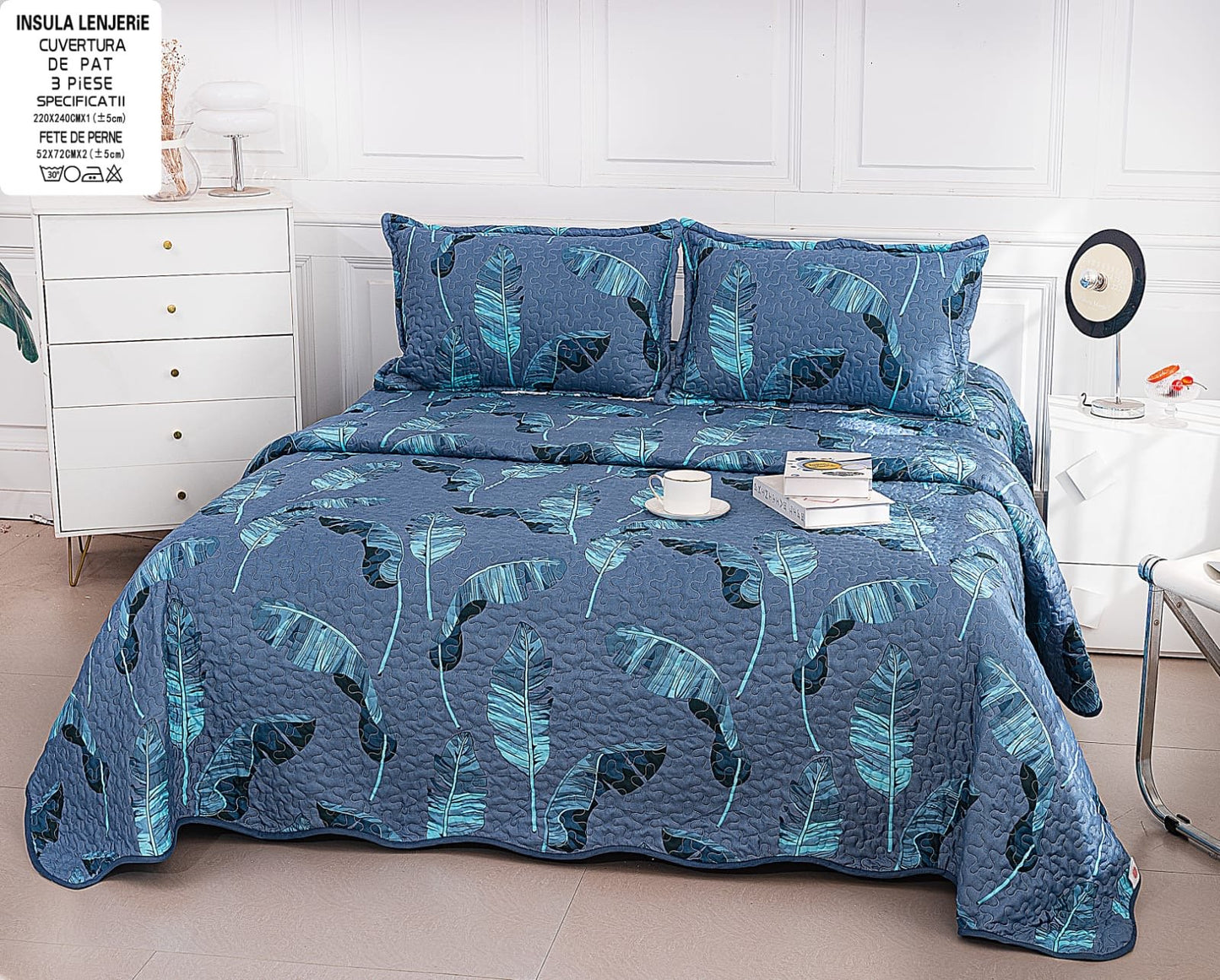 Cuvertura De Pat 3 Piese, din Bumbac Satinat, Albastru/Frunze-A7817