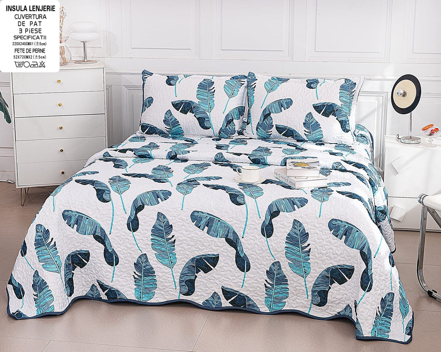 Cuvertura De Pat 3 Piese, din Bumbac Satinat, Frunze-A7832