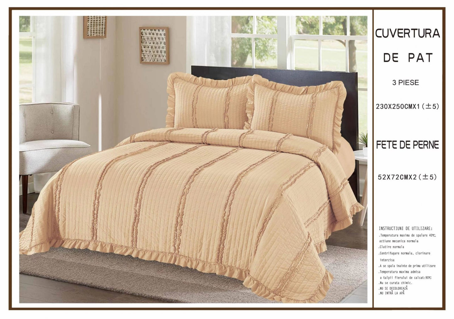 Cuvertura De Pat 3 Piese, din Bumbac Satinat, Bej Deschis Uni-A6233