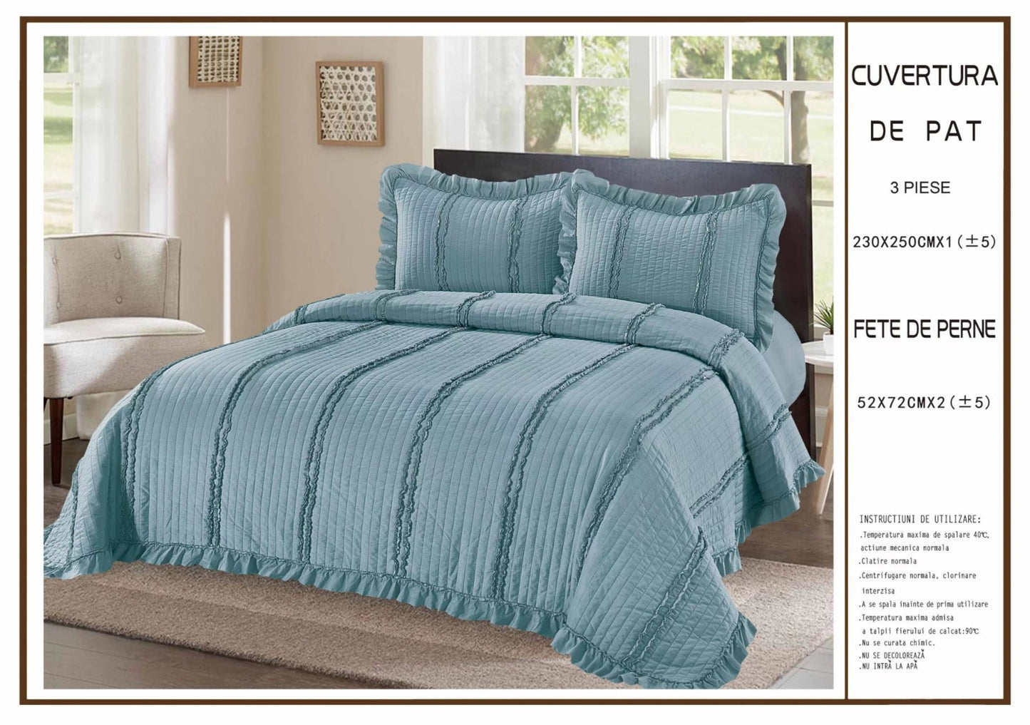 Cuvertura De Pat 3 Piese, din Bumbac Satinat, Bleumarin Uni-A6228