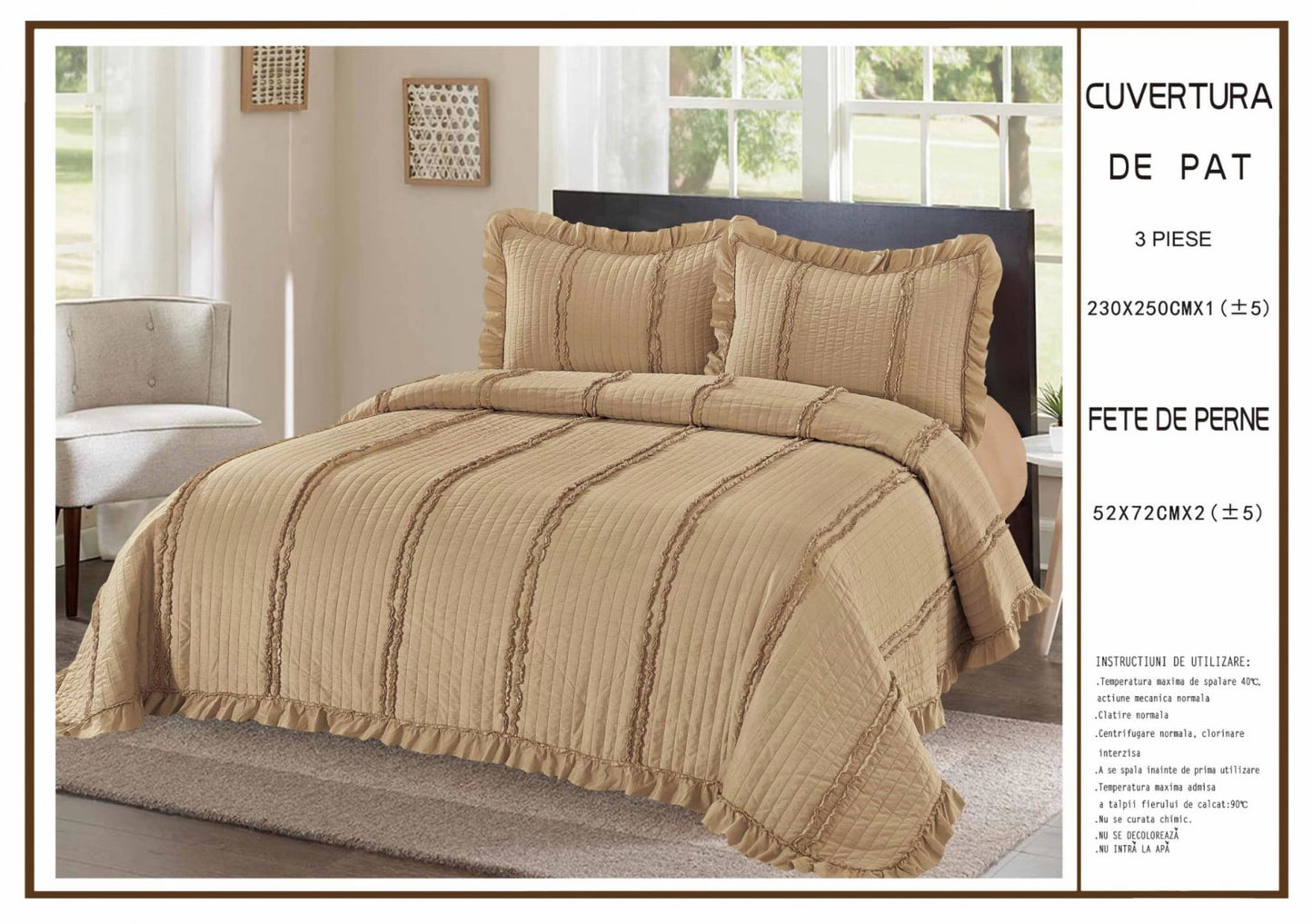 Cuvertura De Pat 3 Piese, din Bumbac Satinat, Cappuccino Uni-A6227