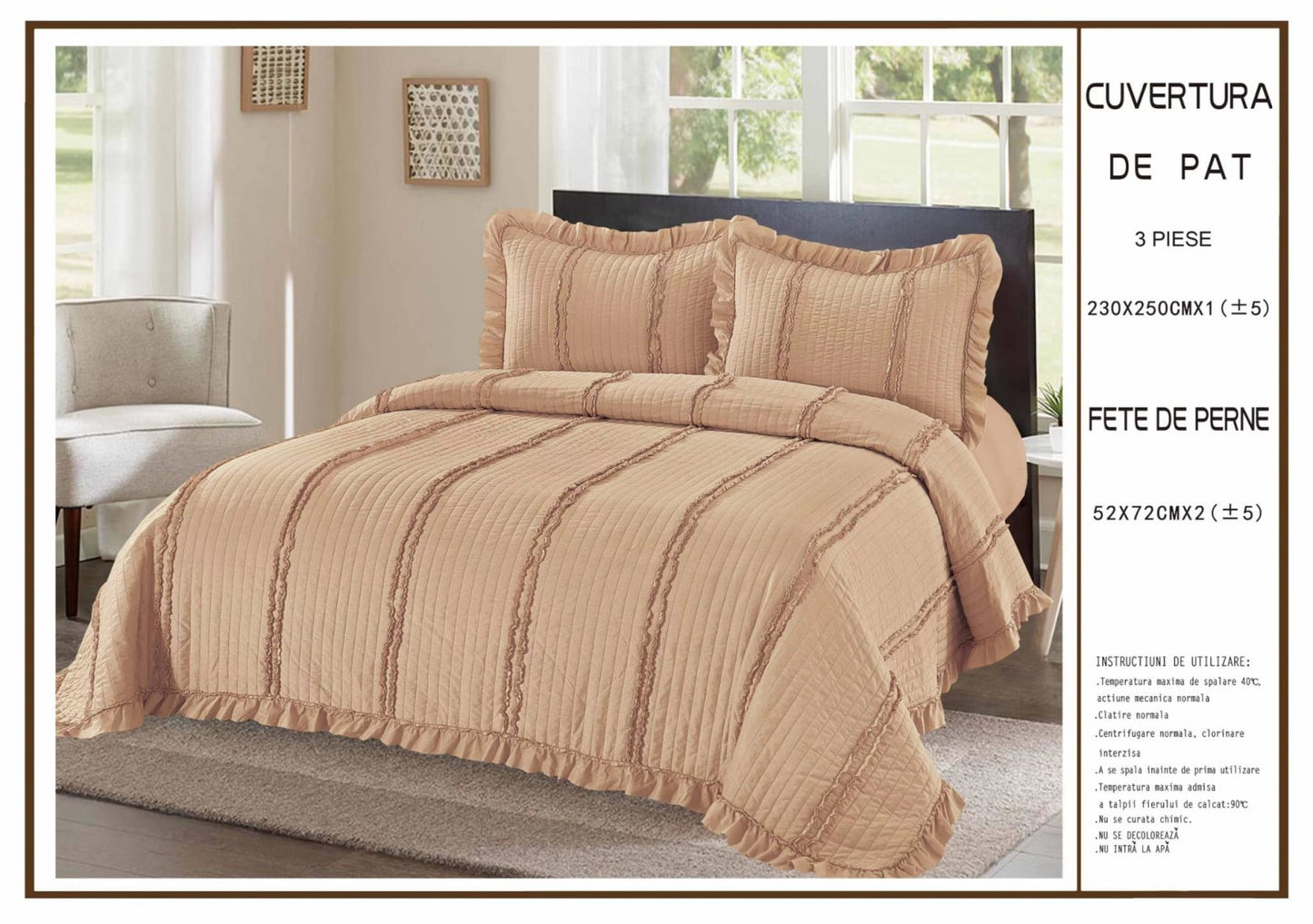 Cuvertura De Pat 3 Piese, din Bumbac Satinat, Maroniu Uni-A6229