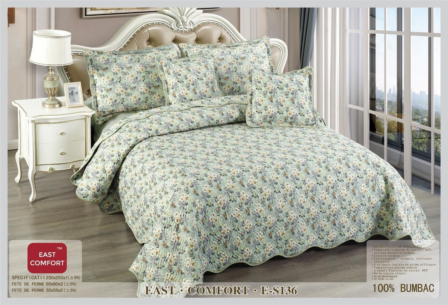 Cuvertura de Pat, 5 piese, din Bumbac Finetat, Floricele-D5409