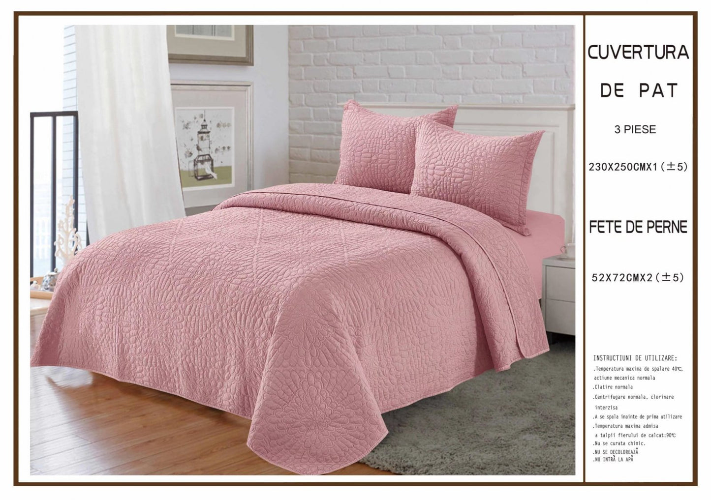 Cuvertura De Pat Matlasata, din Bumbac Satinat, cu 3 Piese, Roz-A8149