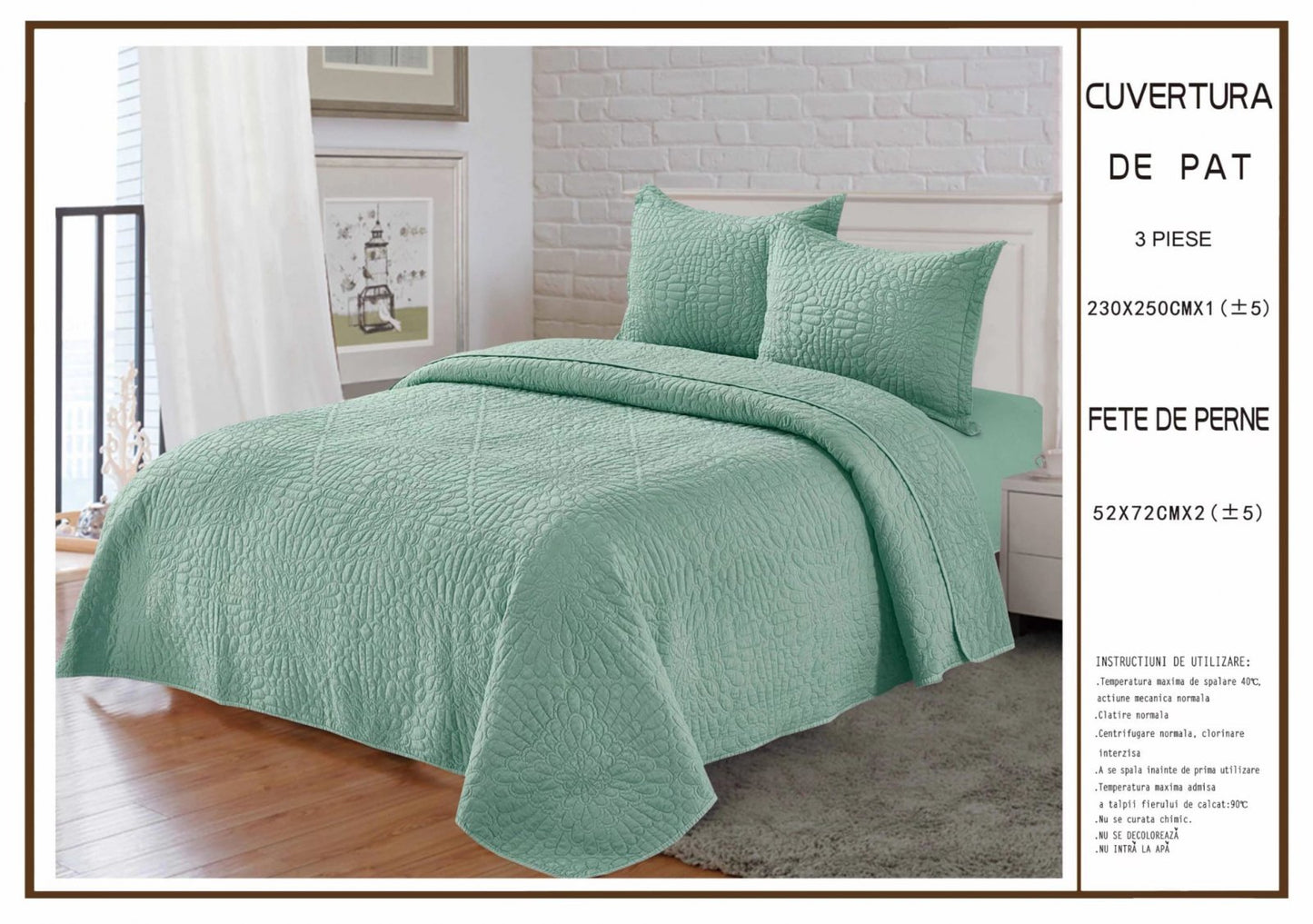 Cuvertura De Pat Matlasata, din Bumbac Satinat, cu 3 Piese, Verde-A8150