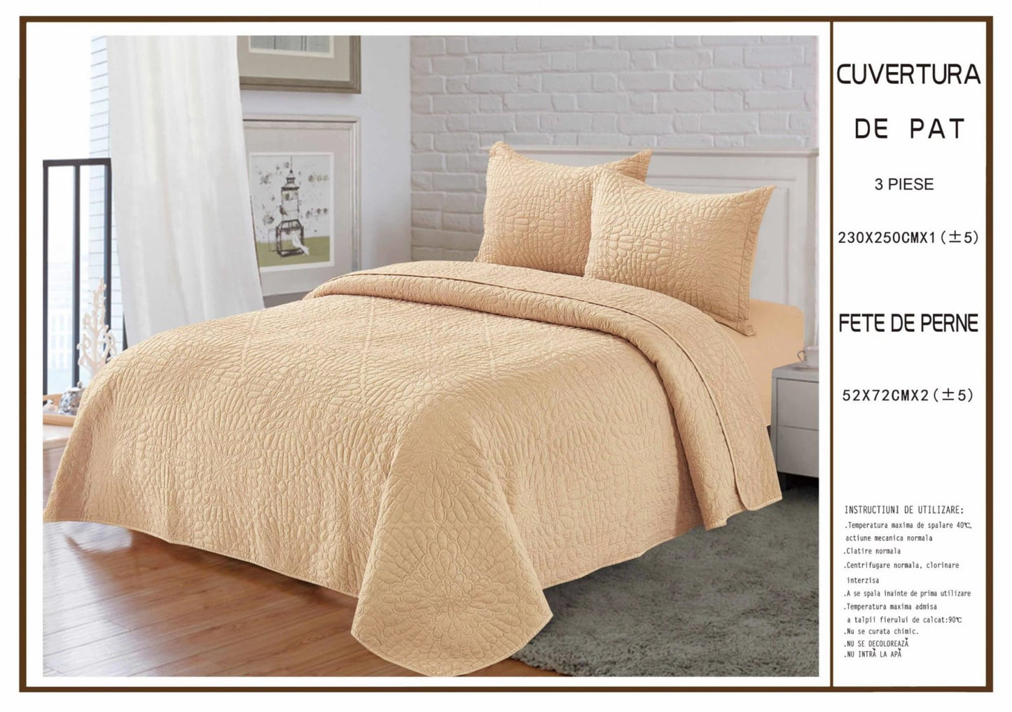 Cuvertura De Pat Matlasata, din Bumbac Satinat, cu 3 Piese, Bej Deschis Uni-A6241