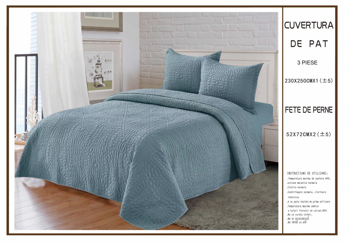 Cuvertura De Pat Matlasata, din Bumbac Satinat, cu 3 Piese, Bleumarin Uni-A6238