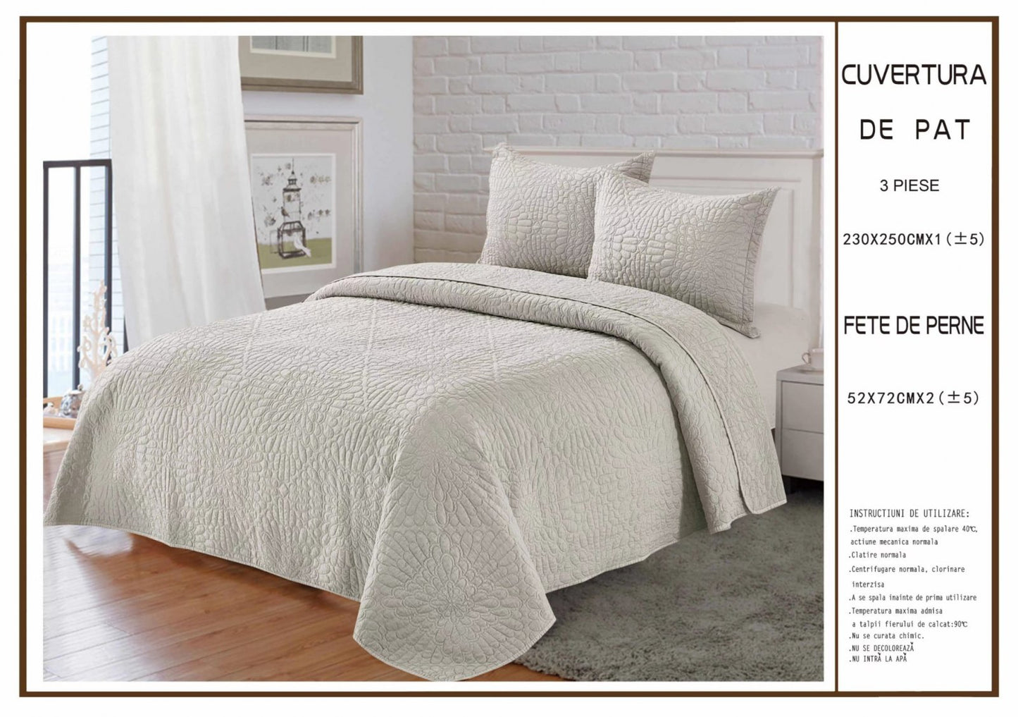 Cuvertura De Pat Matlasata, din Bumbac Satinat, cu 3 Piese, Gri Uni-A6236