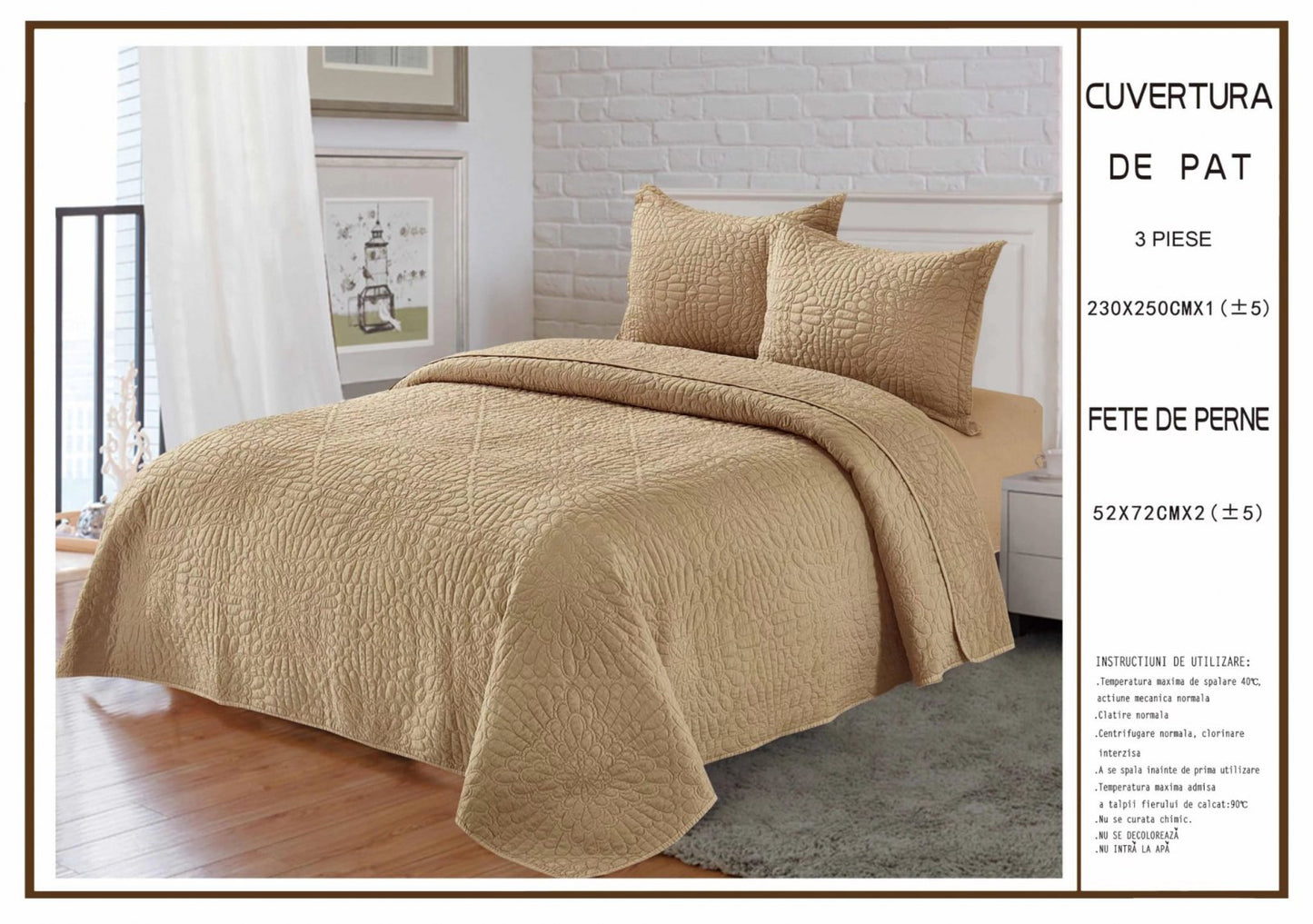 Cuvertura De Pat Matlasata, din Bumbac Satinat, cu 3 Piese, Cappuccino Uni-A6235