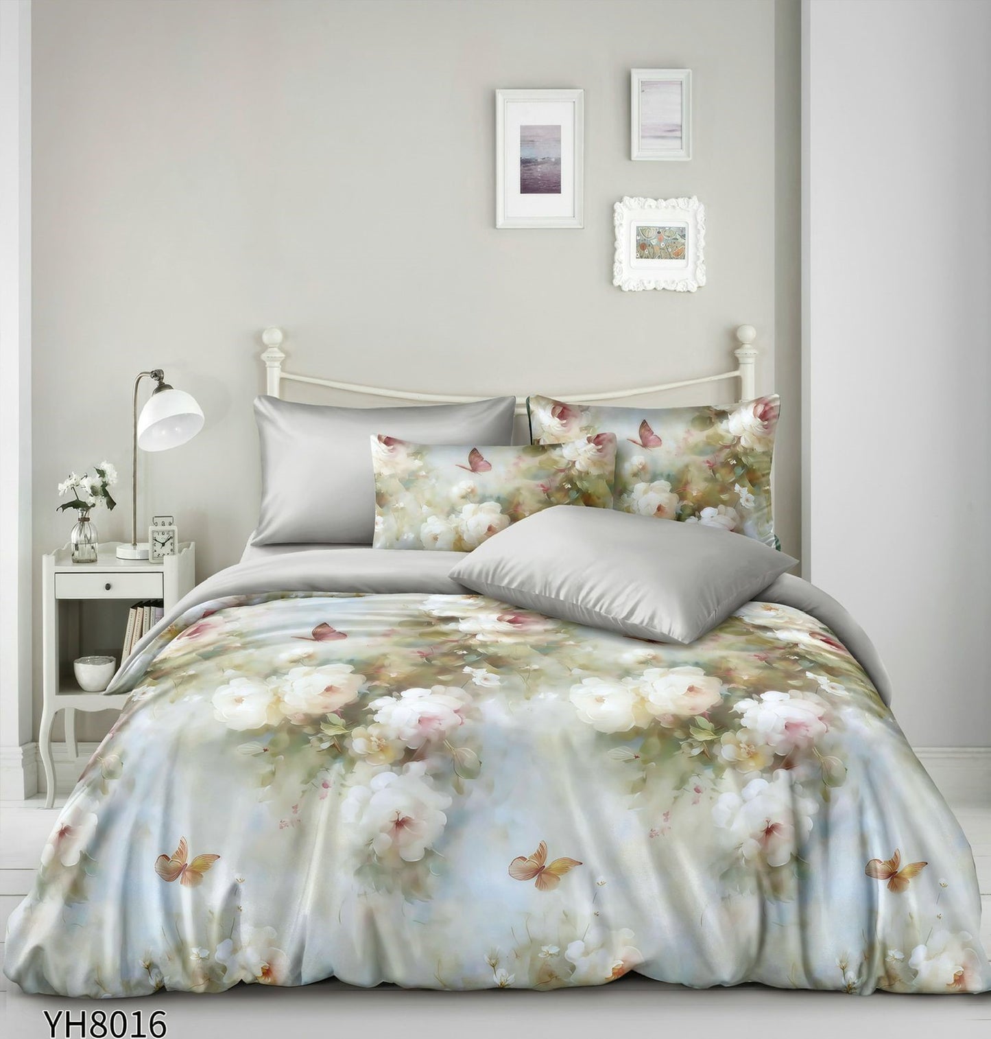 Lenjerie Pat Dublu din Satin, 4 Piese, cu Elastic, Floricele-P9938